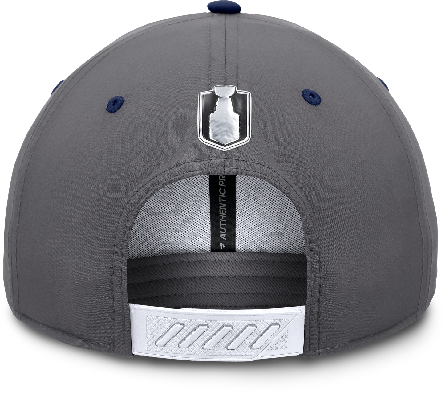 Small Stanley Cup Logo on the middle back on a grey hat with a navy blue bill, silve snapback 