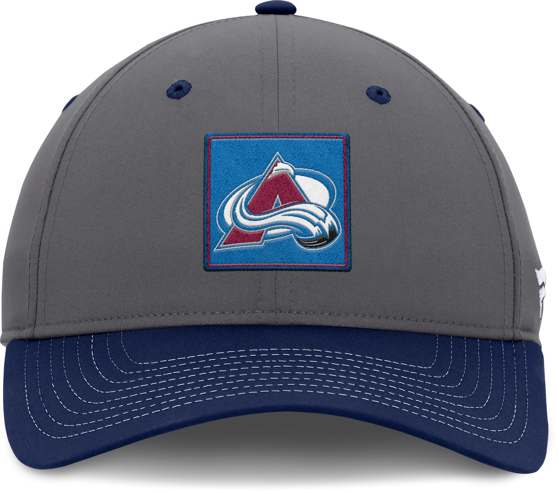 Blue square patch with Avs logo in middle on a grey hat with a navy blue bill