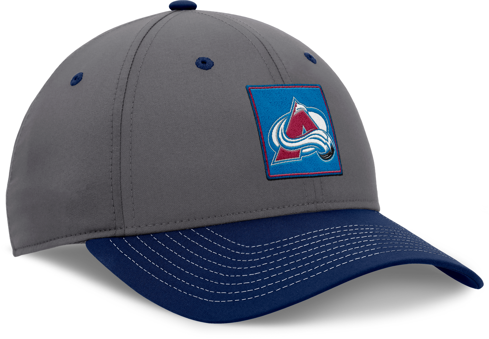 Blue square patch with Avs logo in middle on a grey hat with a navy blue bill