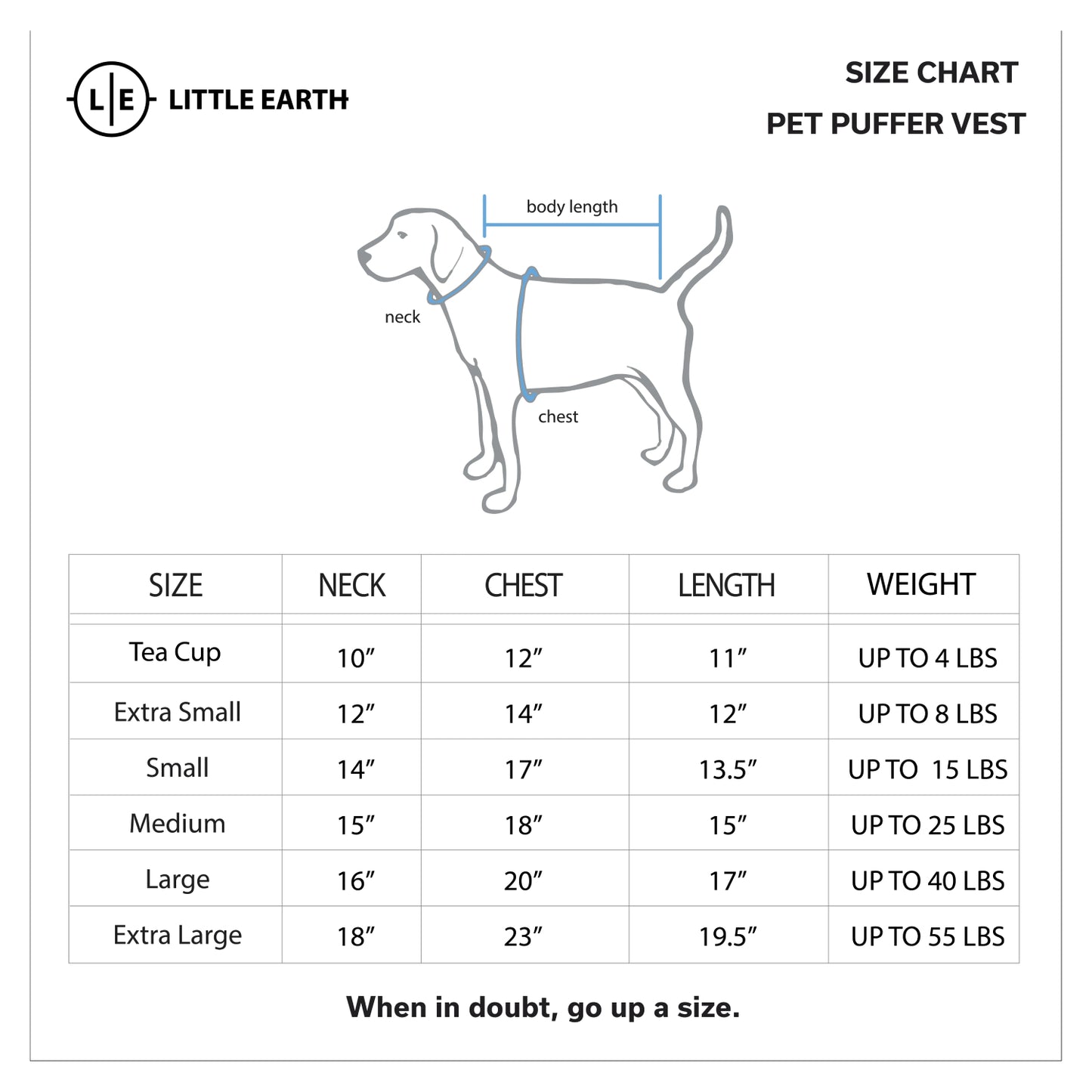 Size chart for Little Earth pet puffer vests with a diagram of a dog and measurement labels.