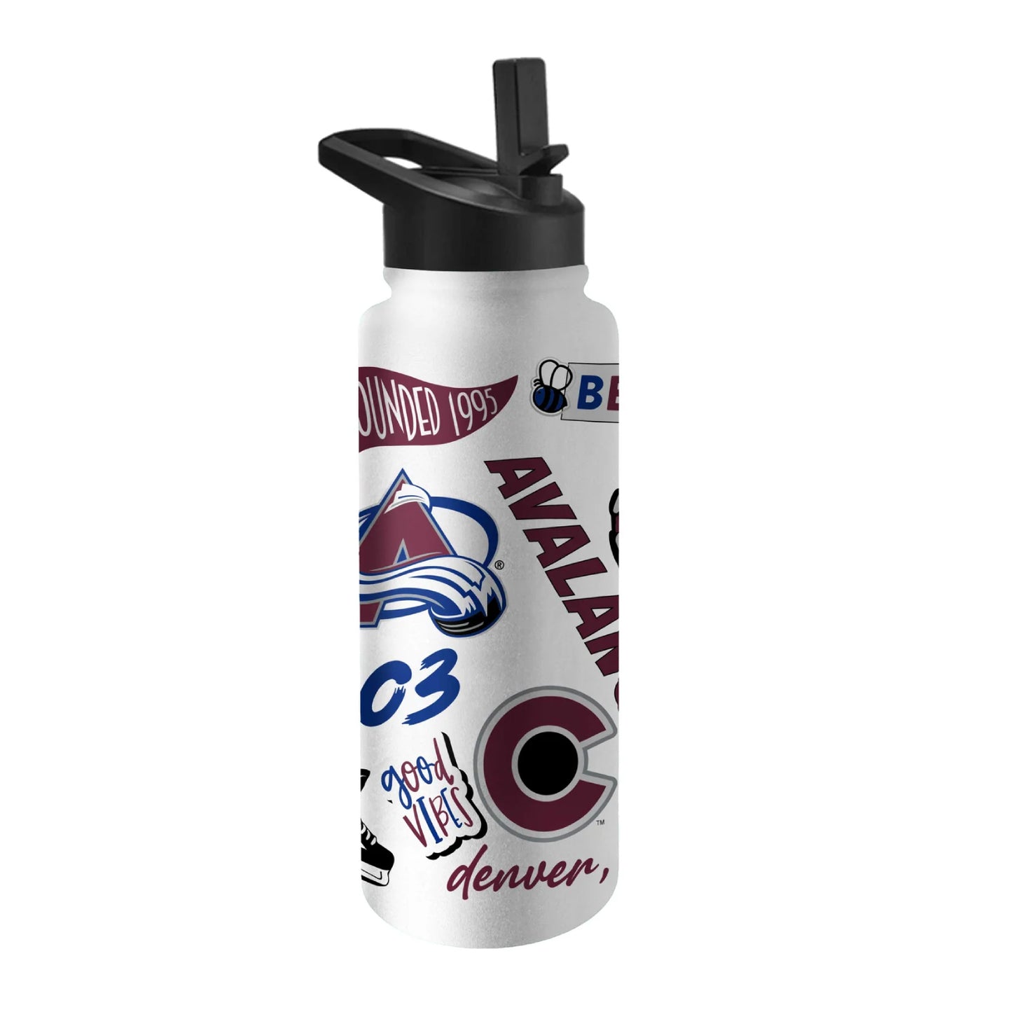 Water bottle with Colorado Avalanche branding on a white background