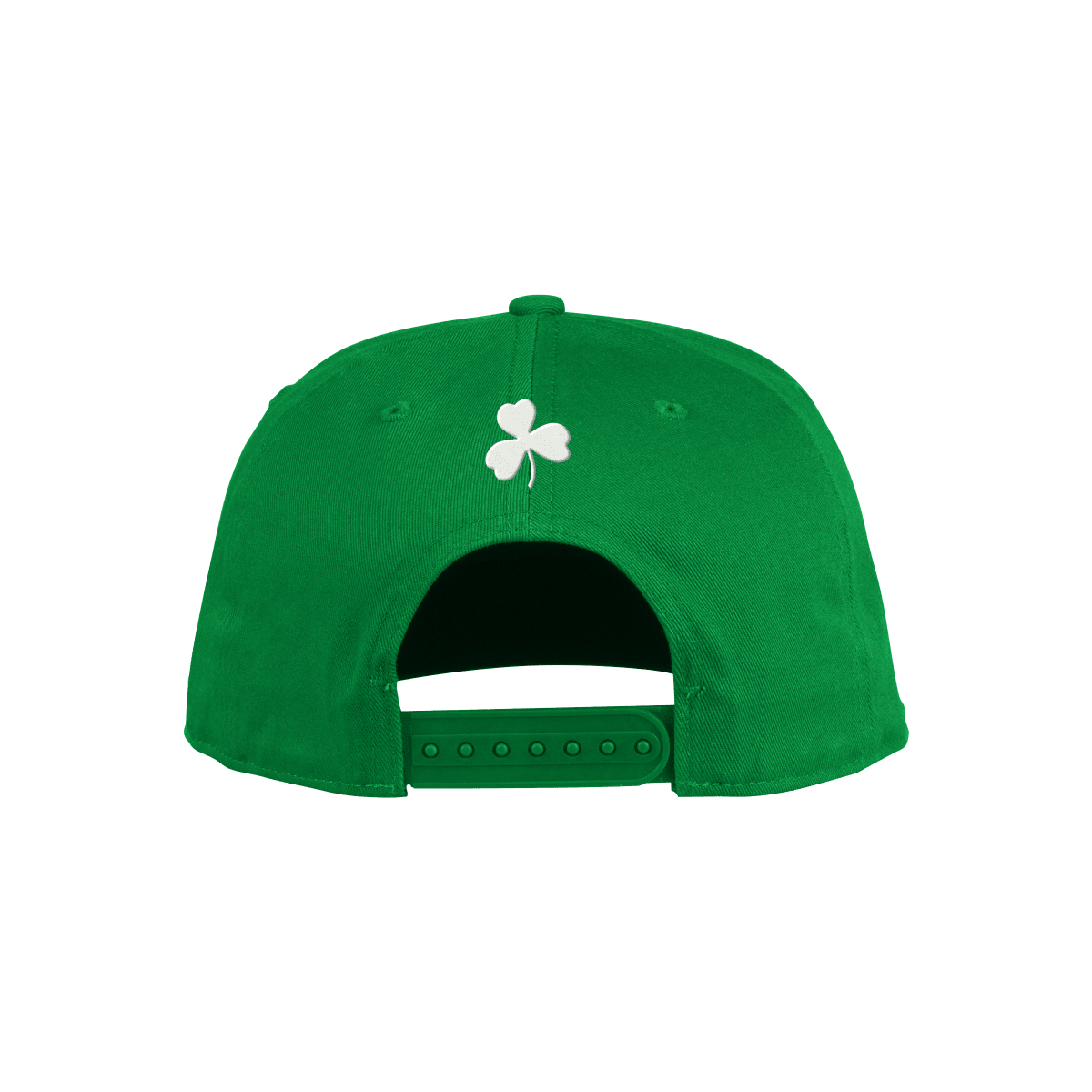 Back of Green hat, 3 leaf white clover with green snapback strap
