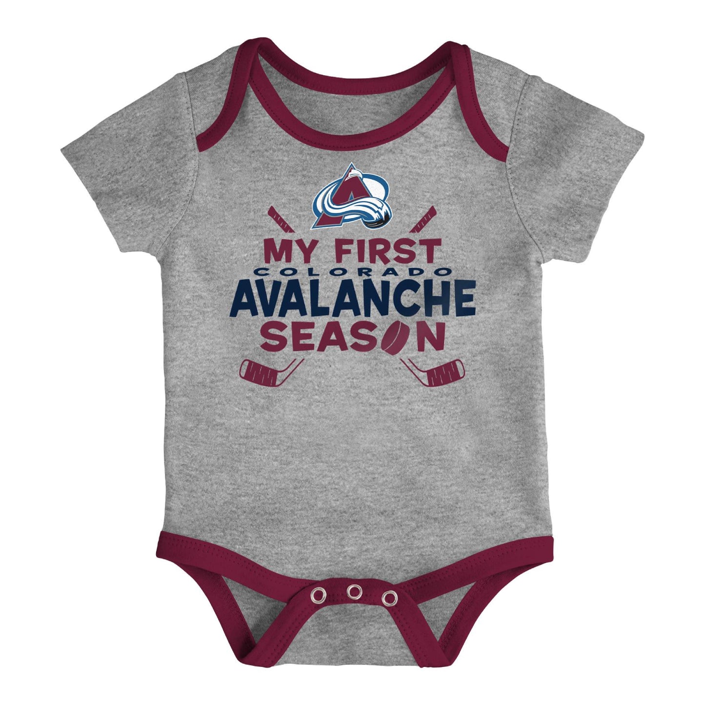 A heather gray short-sleeve baby bodysuit with burgundy trim and a Colorado Avalanche themed graphic on the chest reading 'MY FIRST COLORADO AVALANCHE SEASON' with the team logo.