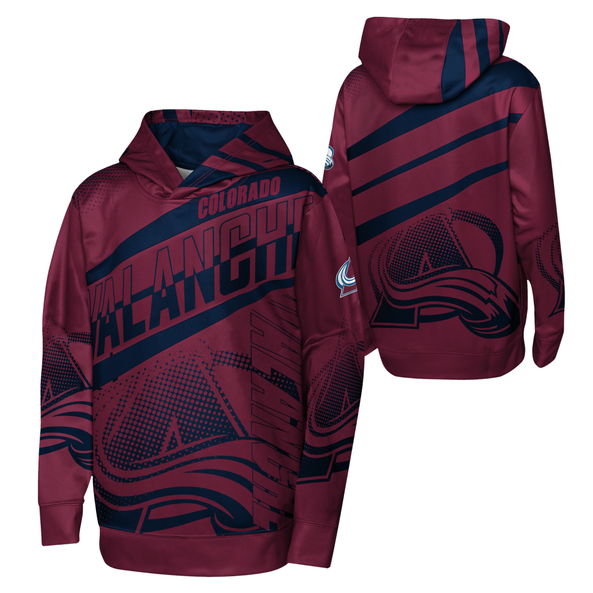 Burgundy pullover hoodie with "Colorado Avalanche" written diagonally across chest. Has big blue avalanche logo on the bottom half. Also has two blue avalanche logos on each sleeve, along with red colored avalanche logo on the left shoulder. The word "Avalanche" is written vertically on the left side of the hoodie near the sleeve. The back of the hoodie is maroon with three slanted blue lines across the top half and a blue avalanche logo on the bottom half. The hood is maroon with blue stripes.