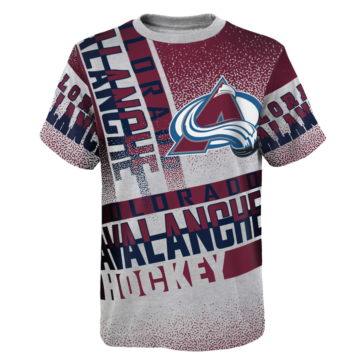 Short sleeve tee shirt with "Colorado Avalanche" written in blue and red lettering across right shoulder, both sleeves, and the bottom towards the waistband. Top half is burgundy with grey splatters and the bottom half is grey with burgundy splatter. Also has an Avalanche logo on the left chest.