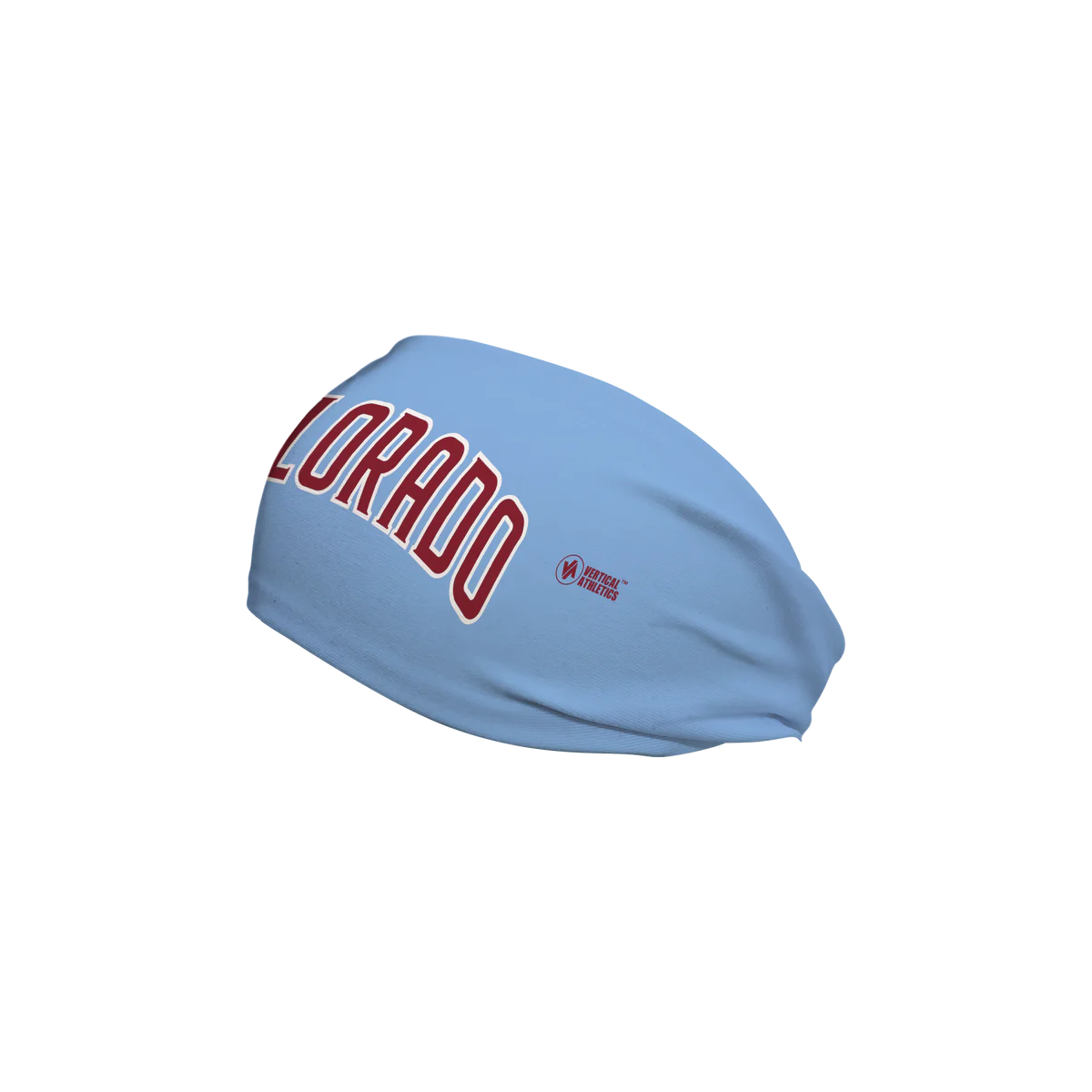 Left view of Light Blue cooling headband with text COLORADO in burgundy with white trim