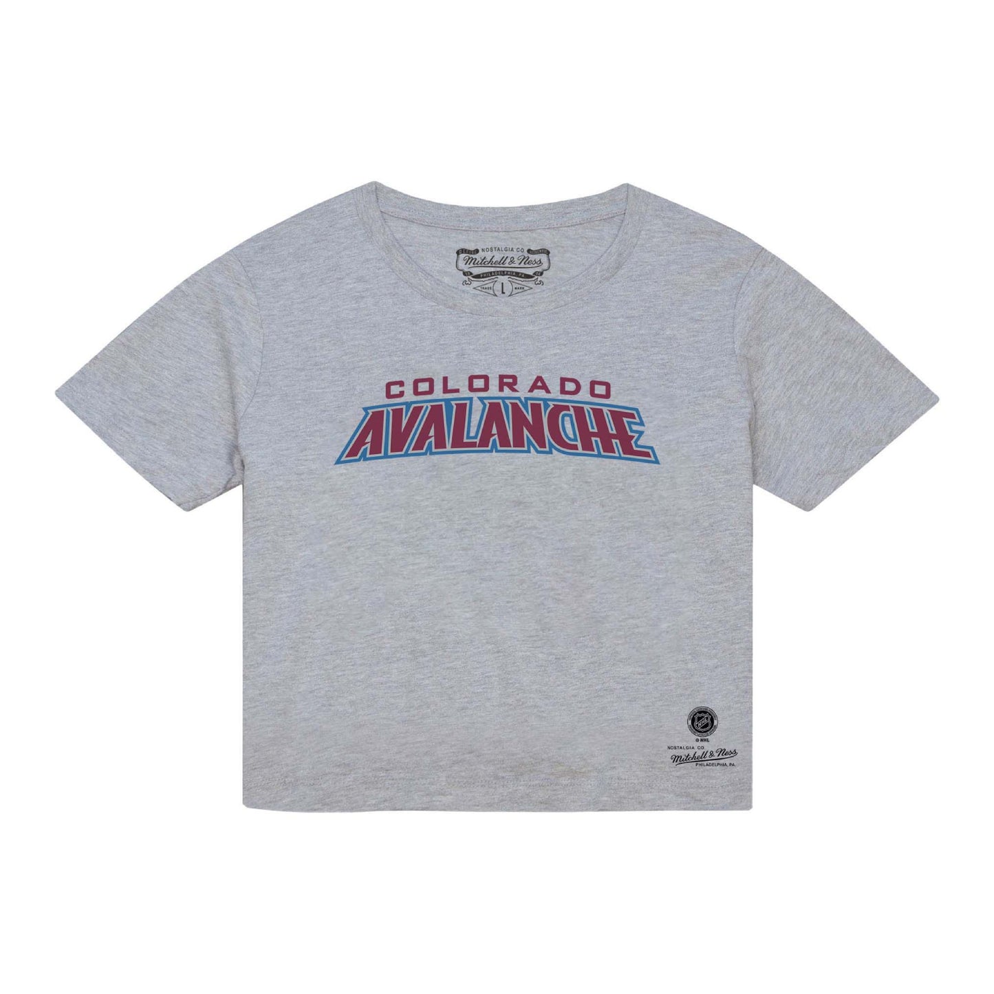 A heather gray short-sleeve t-shirt featuring the Colorado Avalanche NHL team logo printed across the chest, displayed flat against a white background.