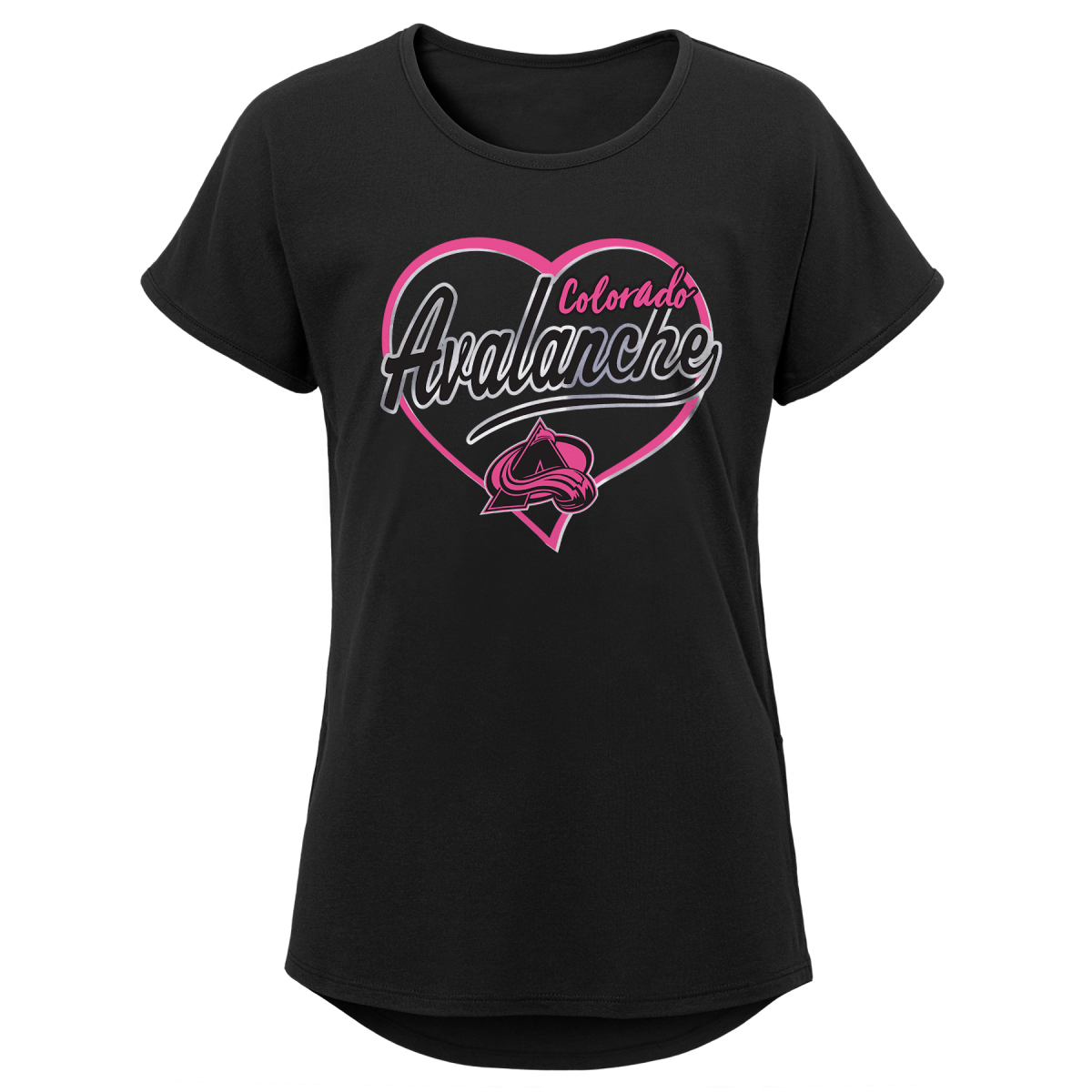 Black short sleeve tee shirt. In center of chest is a hot pink heart outline. "Avalanche" is written in almost cursive font in a silvery foil color with the "e" swooping back under. "Colorado" is above and to the right side of the "L" written in hot pink cursive. Hot pink Avalanche logo at bottom point inside the heart.