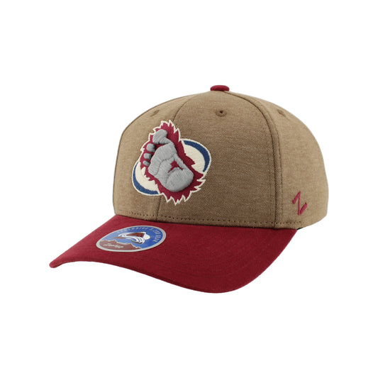 Walnut and burgundy cap with Foot logo on a white background