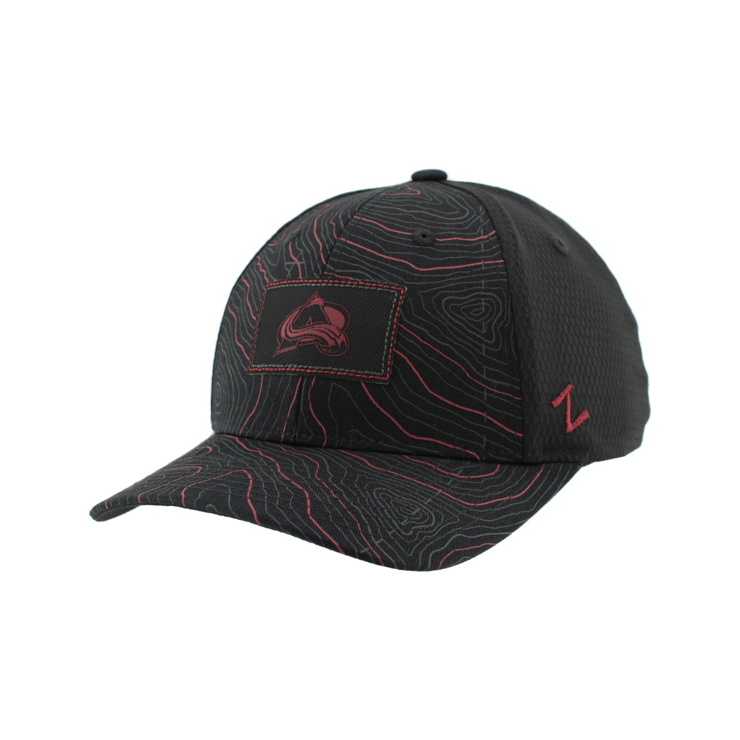 Black Hat with front two panels and bill that has a burgundy and grey topography lines, small black rectangle patch with Avs logo in Black and Burgundy 