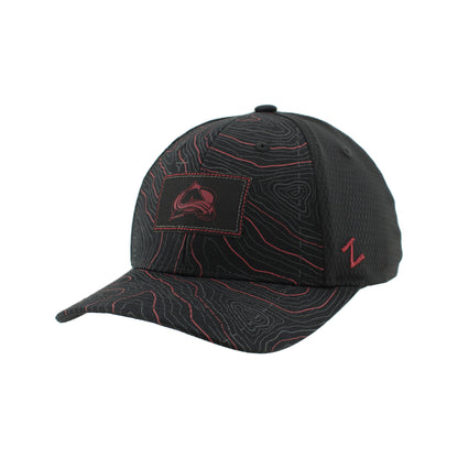 Black Hat with front two panels and bill that has a burgundy and grey topography lines, small black rectangle patch with Avs logo in Black and Burgundy 