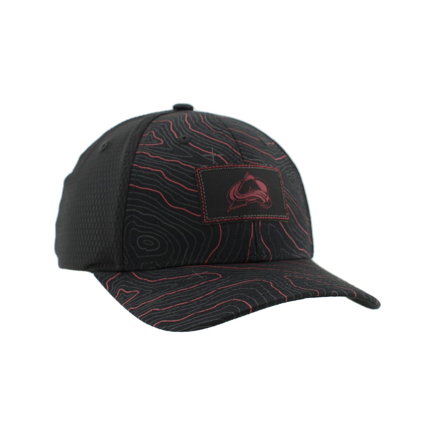 Right facinging black Hat with front two panels and bill that has a burgundy and grey topography lines, small black rectangle patch with Avs logo in Black and Burgundy 