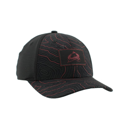 Right facinging black Hat with front two panels and bill that has a burgundy and grey topography lines, small black rectangle patch with Avs logo in Black and Burgundy 