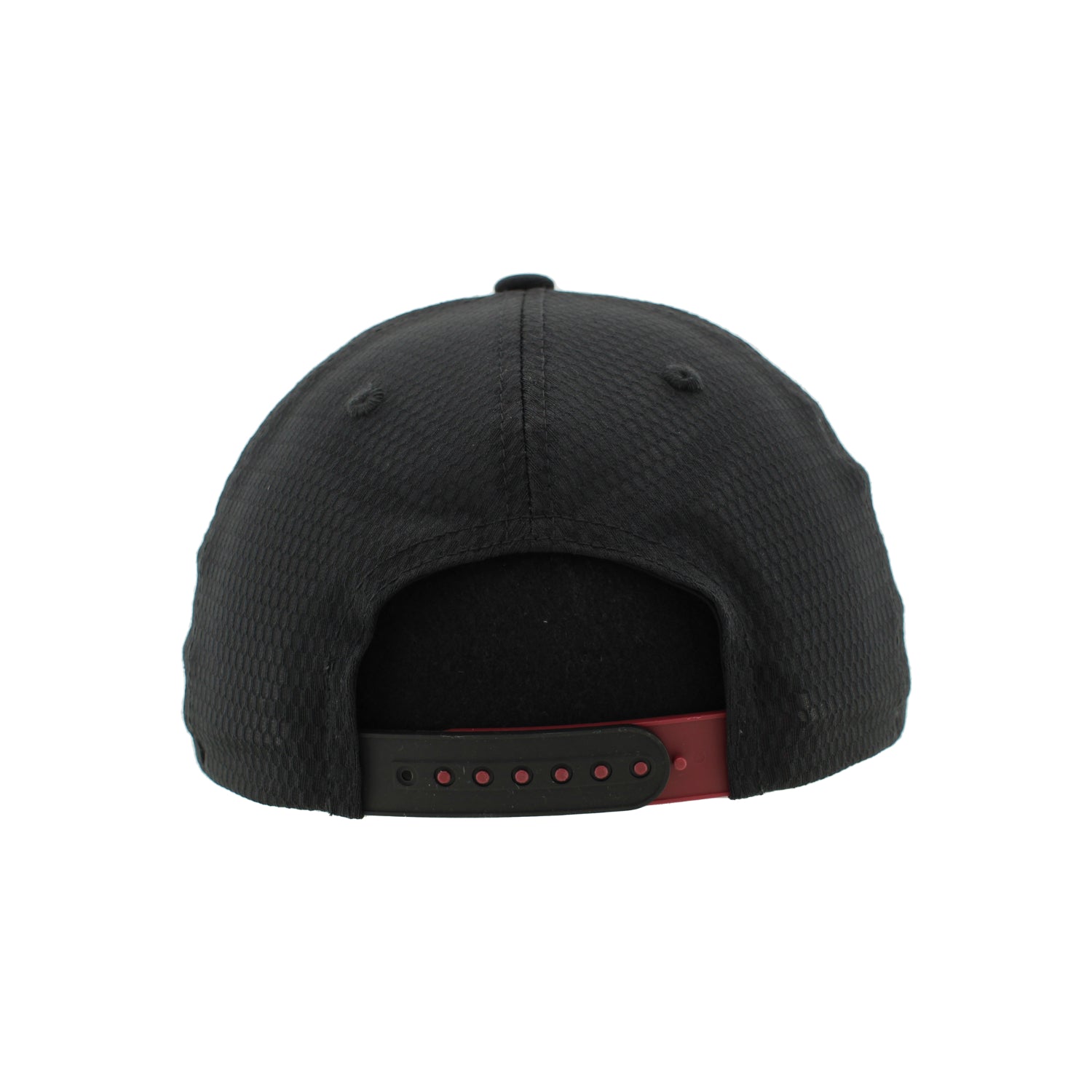 Back facing black hat with black and burgundy snaps