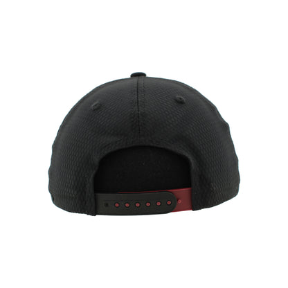 Back facing black hat with black and burgundy snaps