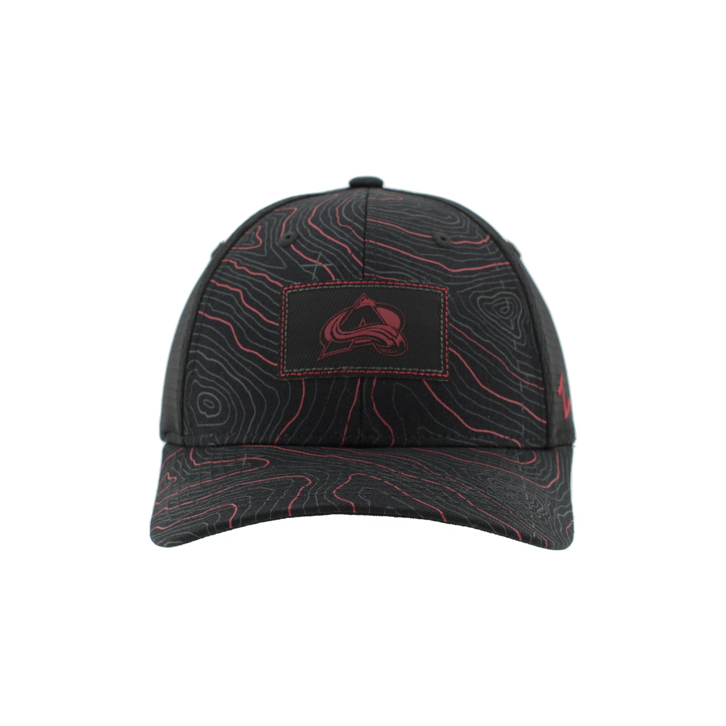 Front view Black Hat with front two panels and bill that has a burgundy and grey topography lines, small black rectangle patch with Avs logo in Black and Burgundy 
