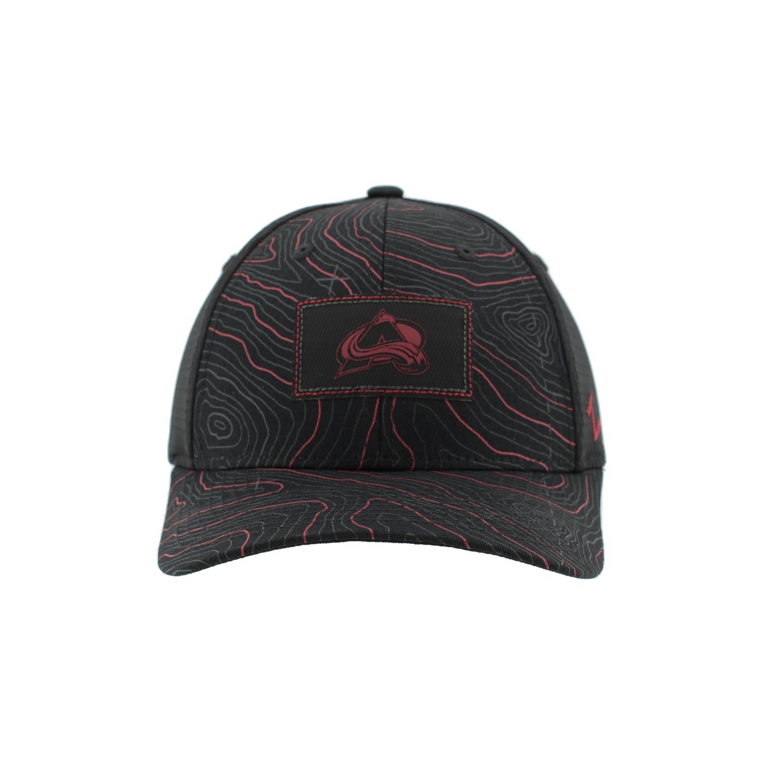 Front view Black Hat with front two panels and bill that has a burgundy and grey topography lines, small black rectangle patch with Avs logo in Black and Burgundy 