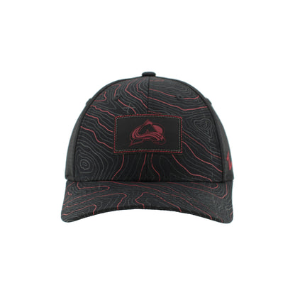 Front view Black Hat with front two panels and bill that has a burgundy and grey topography lines, small black rectangle patch with Avs logo in Black and Burgundy 
