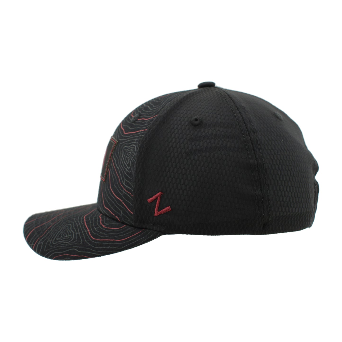 Left side of black hat with the Zephyr Z logo in burgundy