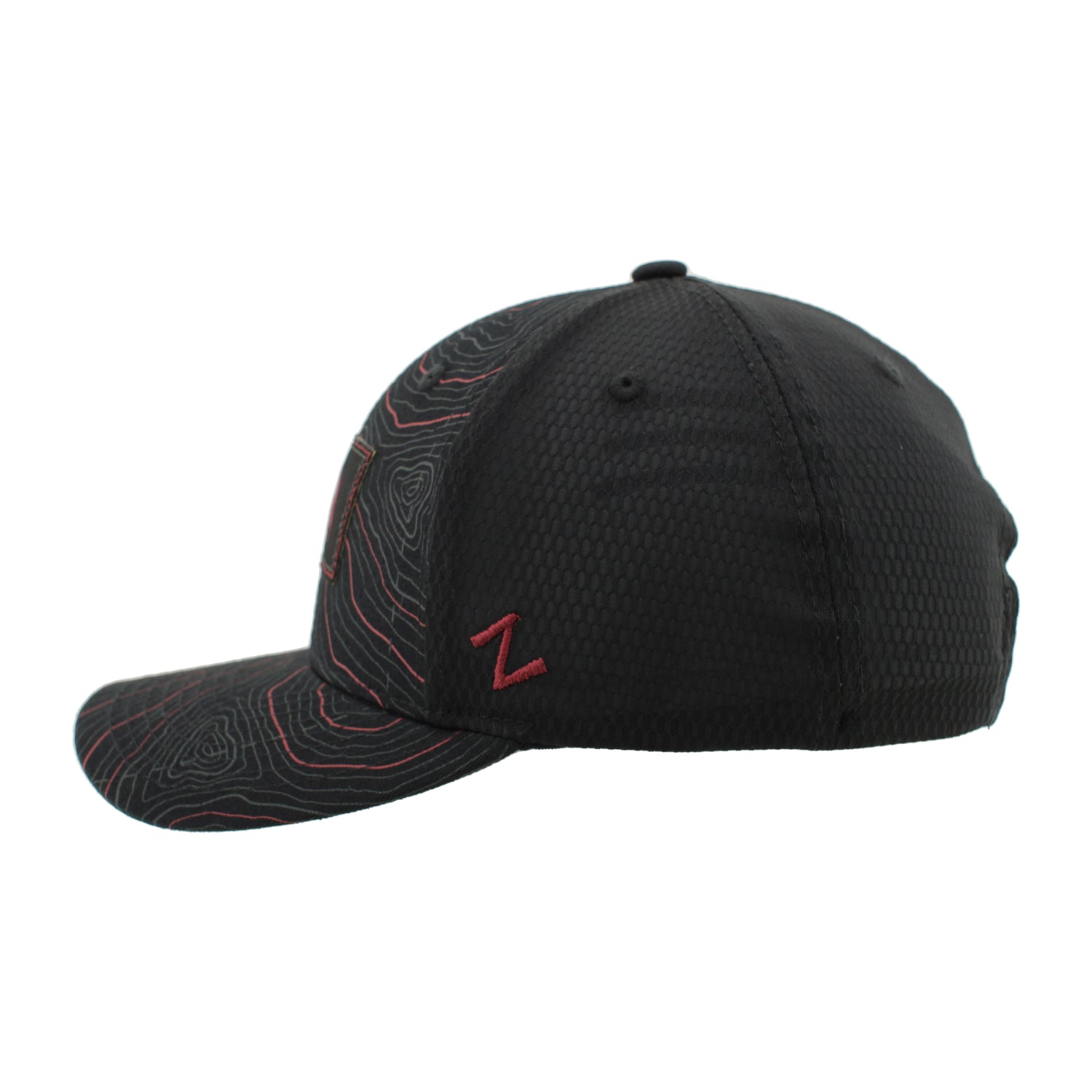 Left side of black hat with the Zephyr Z logo in burgundy