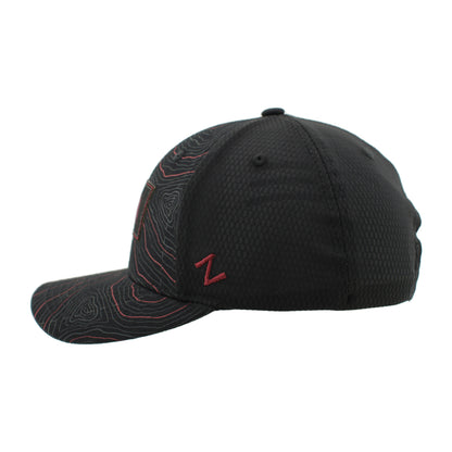 Left side of black hat with the Zephyr Z logo in burgundy