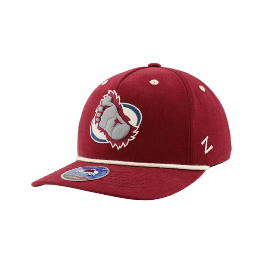 Burgundy hat with Avalanche Foot logo with light colored rope on bill.n a white background
