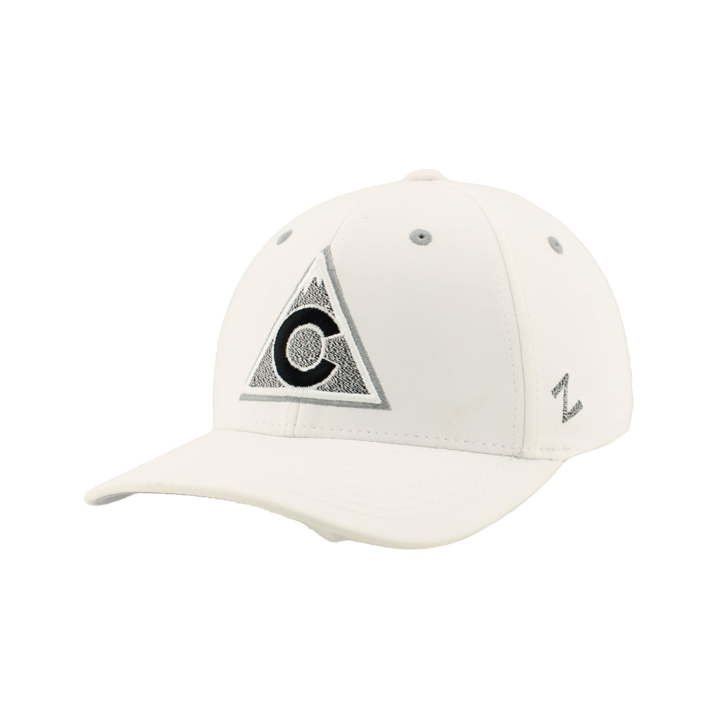 White hat with Avalanche alternate logo in black and white, grey eyelets