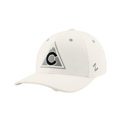 White hat with Avalanche alternate logo in black and white, grey eyelets