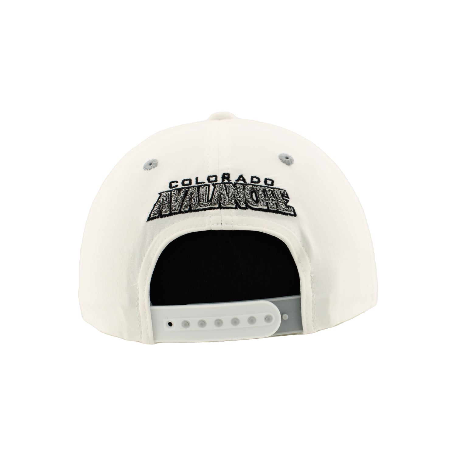 Back view has Colorado Avalanche wordmark above opening, with white and grey snaps