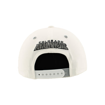 Back view has Colorado Avalanche wordmark above opening, with white and grey snaps