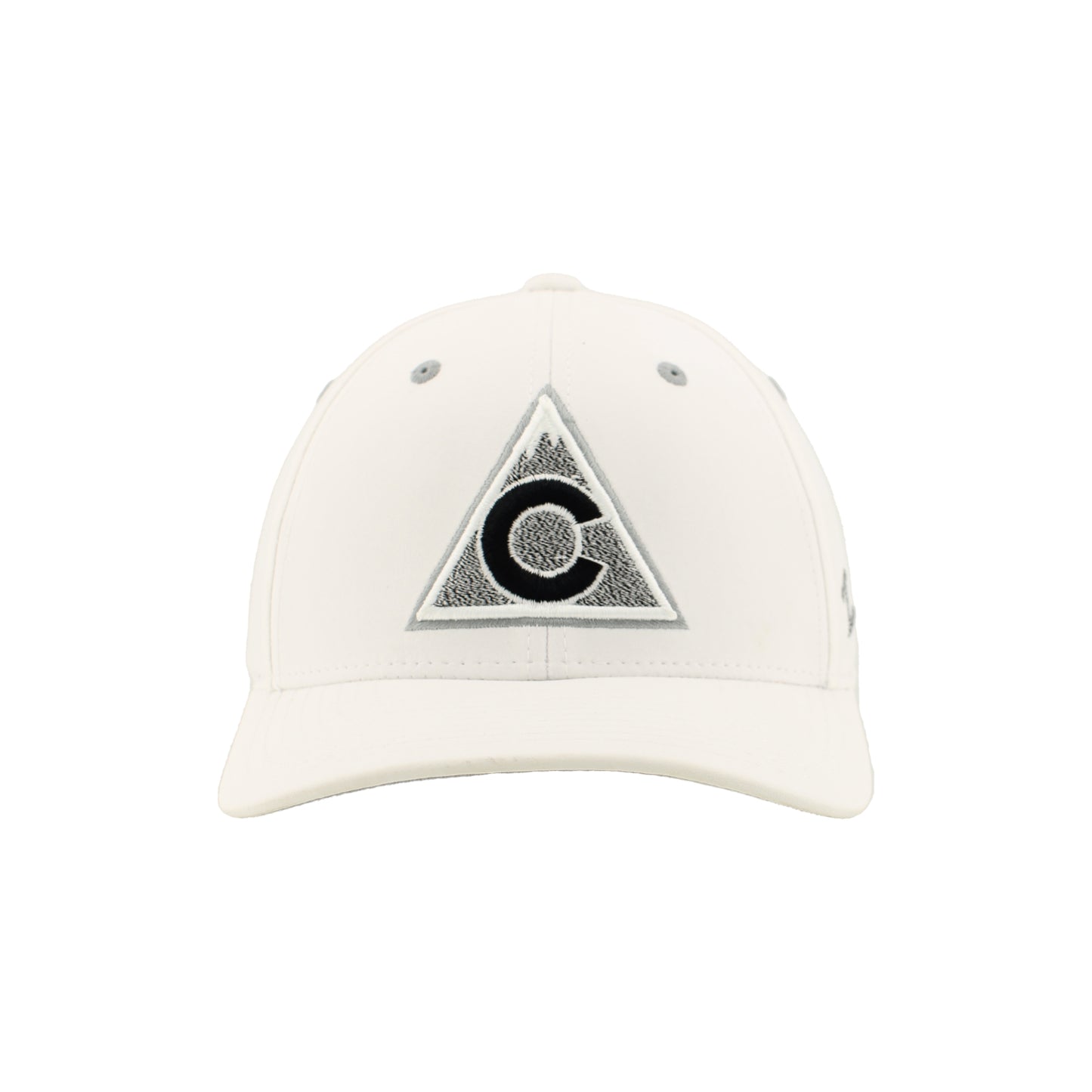 Front view White hat with Avalanche alternate logo in black and white, grey eyelets