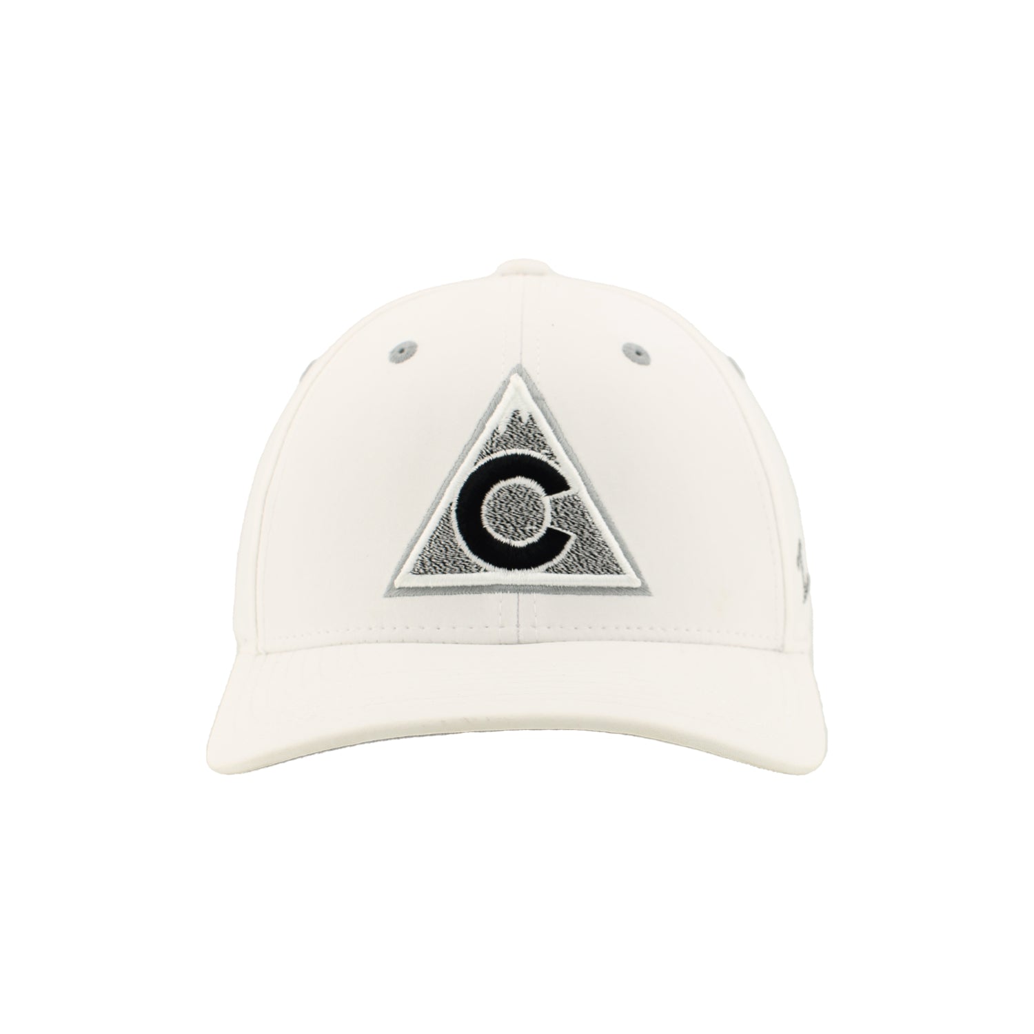 Front view White hat with Avalanche alternate logo in black and white, grey eyelets