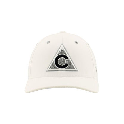 Front view White hat with Avalanche alternate logo in black and white, grey eyelets