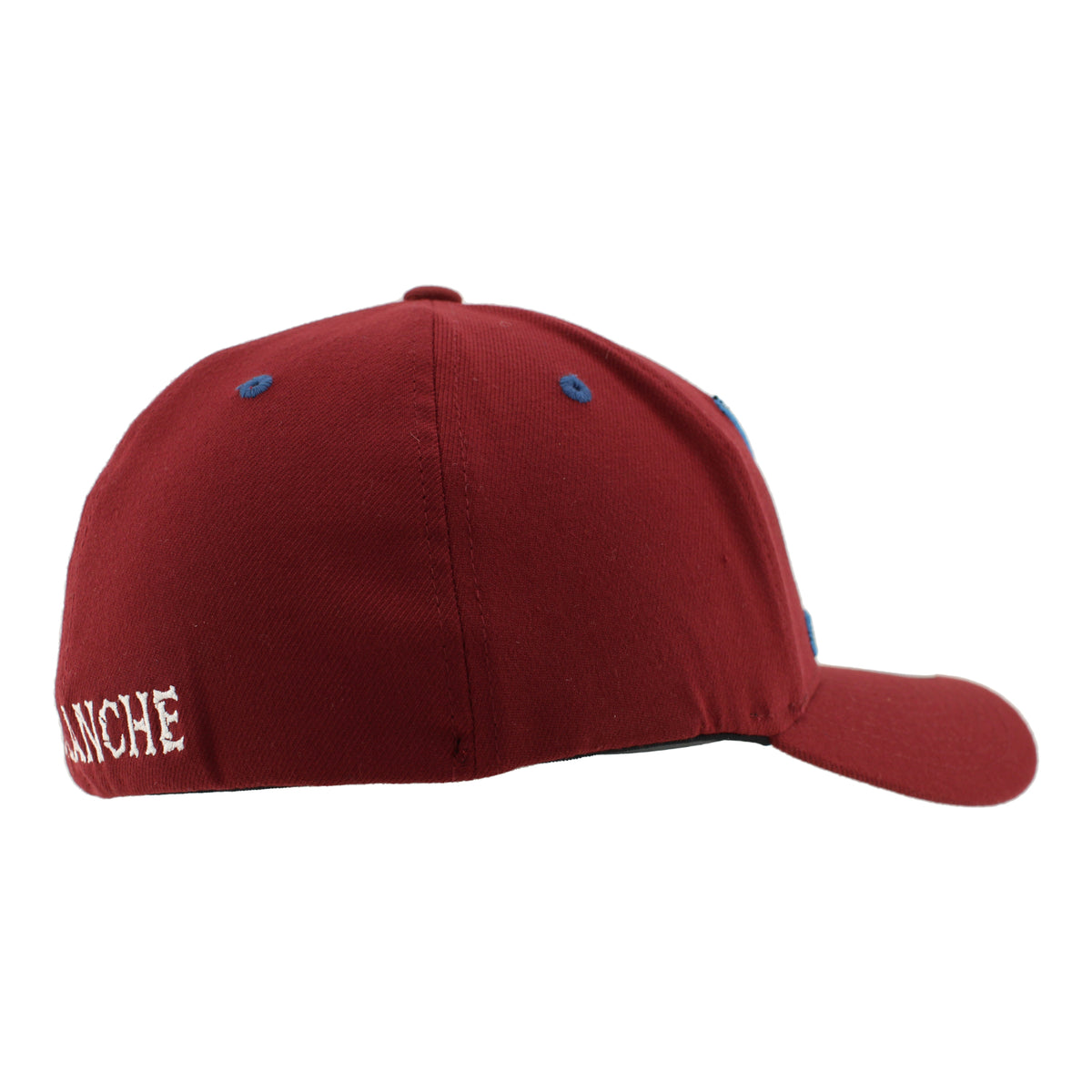 Burgundy cap with a skull  wearing hockey helmet and crossbones design on a white background