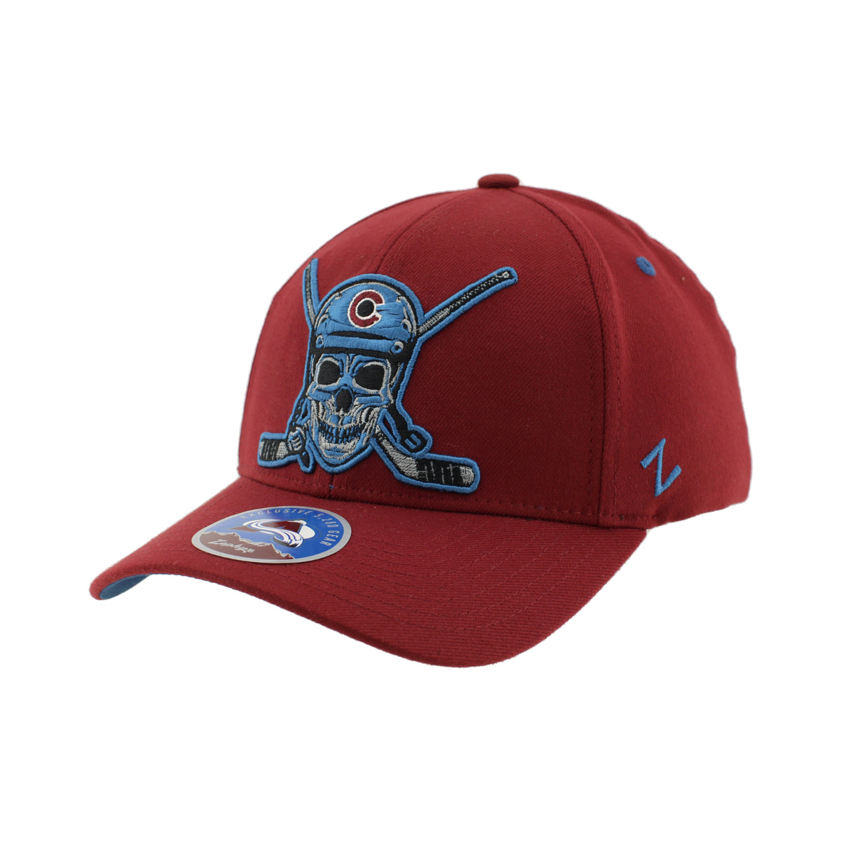 Burgundy cap with a skull  wearing hockey helmet and crossbones design on a white background