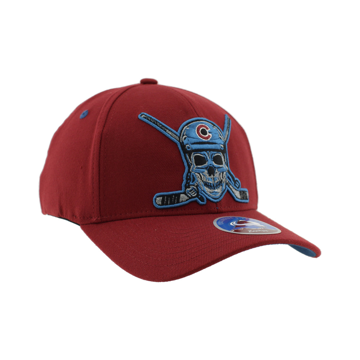 Burgundy cap with a skull  wearing hockey helmet and crossbones design on a white background