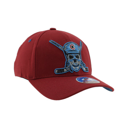 Burgundy cap with a skull  wearing hockey helmet and crossbones design on a white background