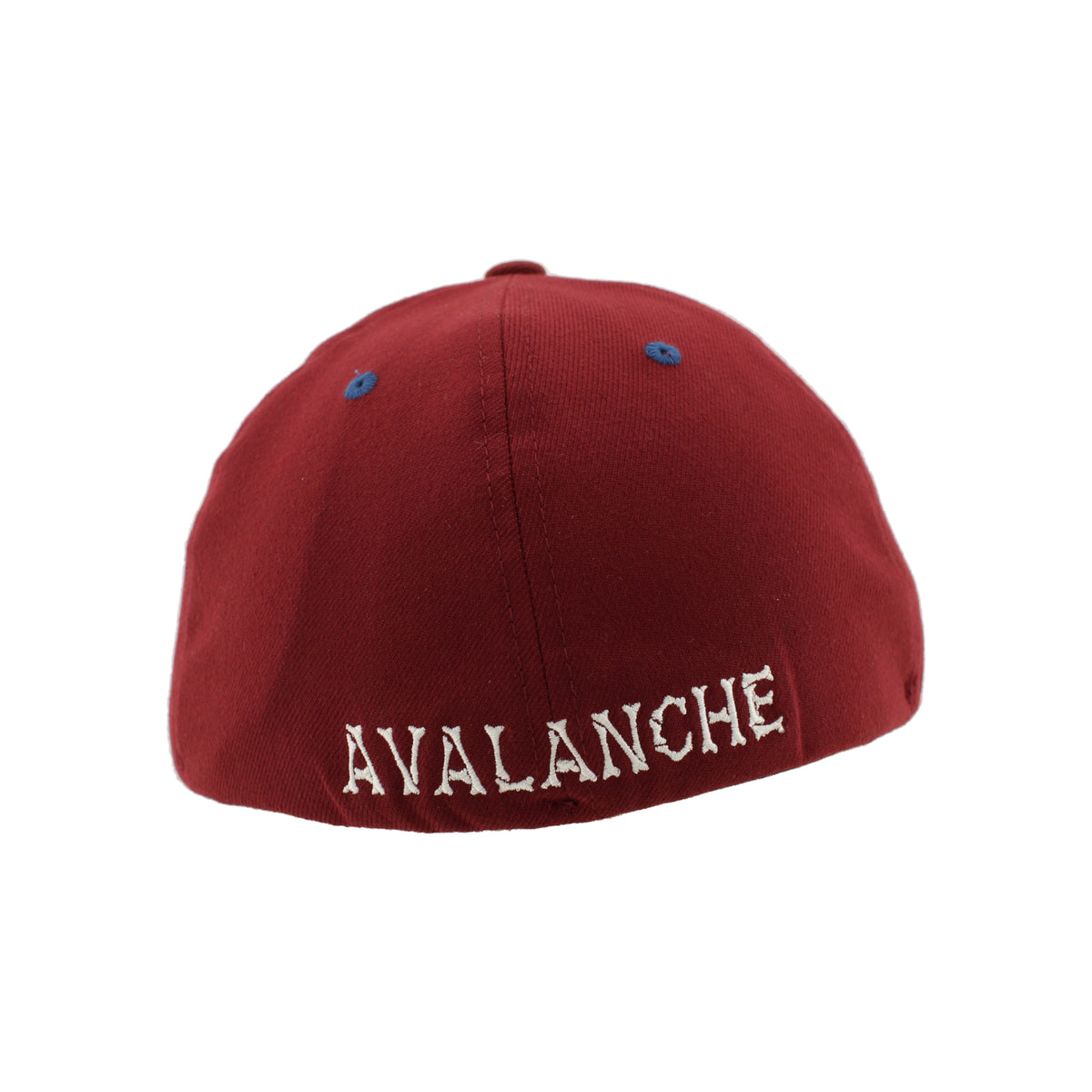 Burgundy cap with 'Avalanche' text that looks like bones on a white background