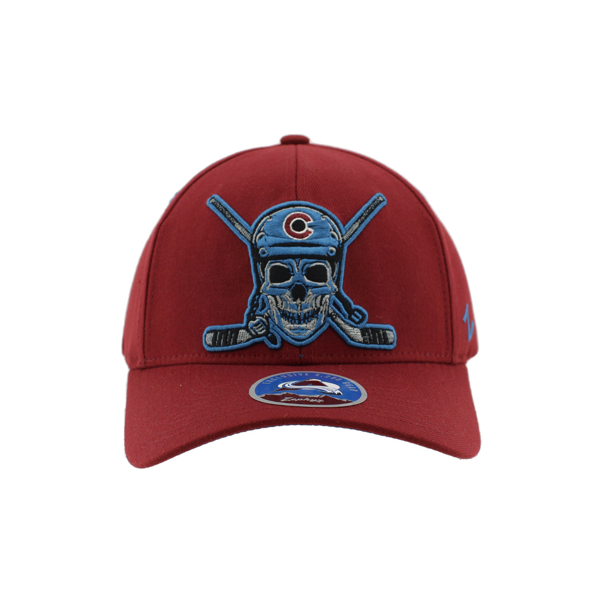 Burgundy cap with a skull  wearing hockey helmet and crossbones design on a white background