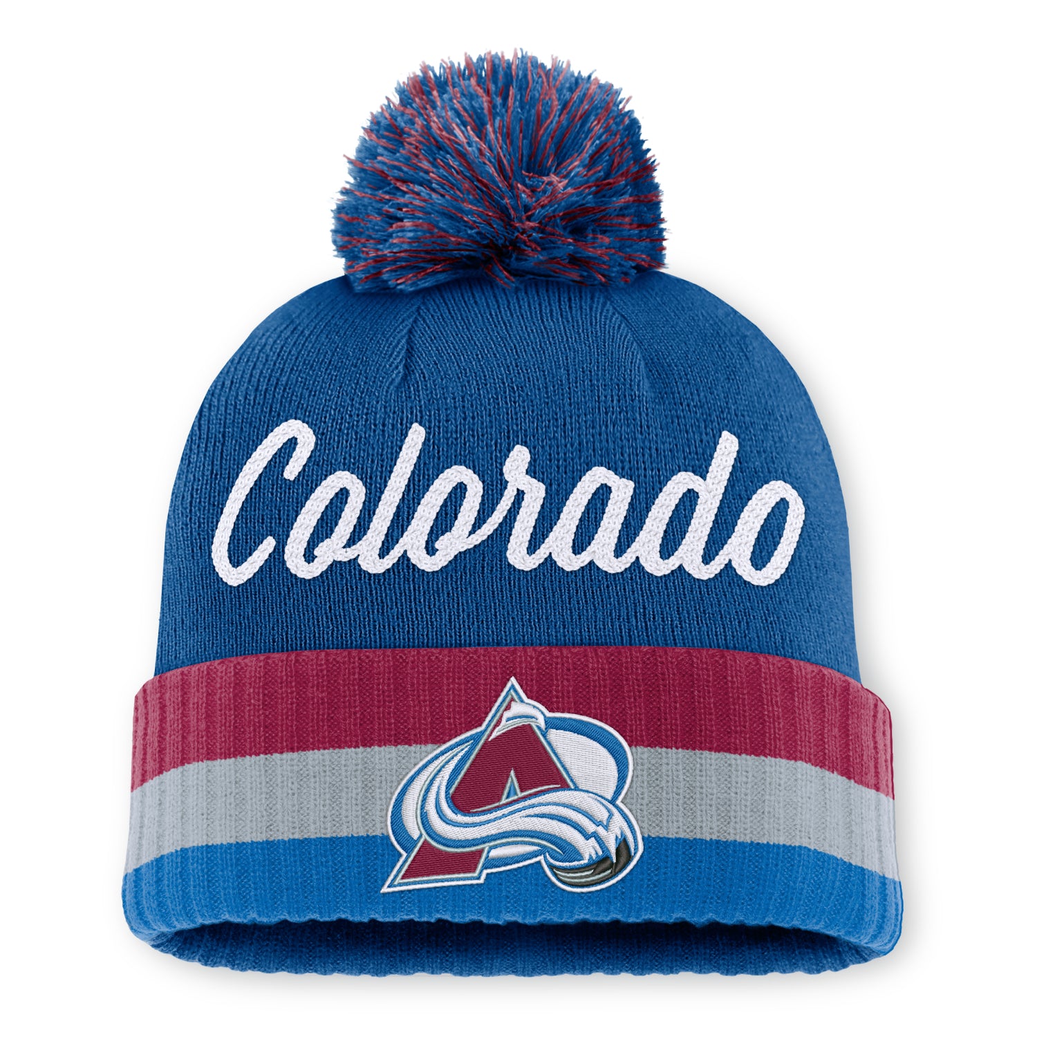 Blue beanie with 'Colorado' text in white and NHL logo.  Cuff is Burgundy, Grey and Blue with Avalanche Logo on cuff on a white background