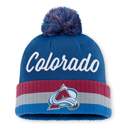 Blue beanie with 'Colorado' text in white and NHL logo.  Cuff is Burgundy, Grey and Blue with Avalanche Logo on cuff on a white background