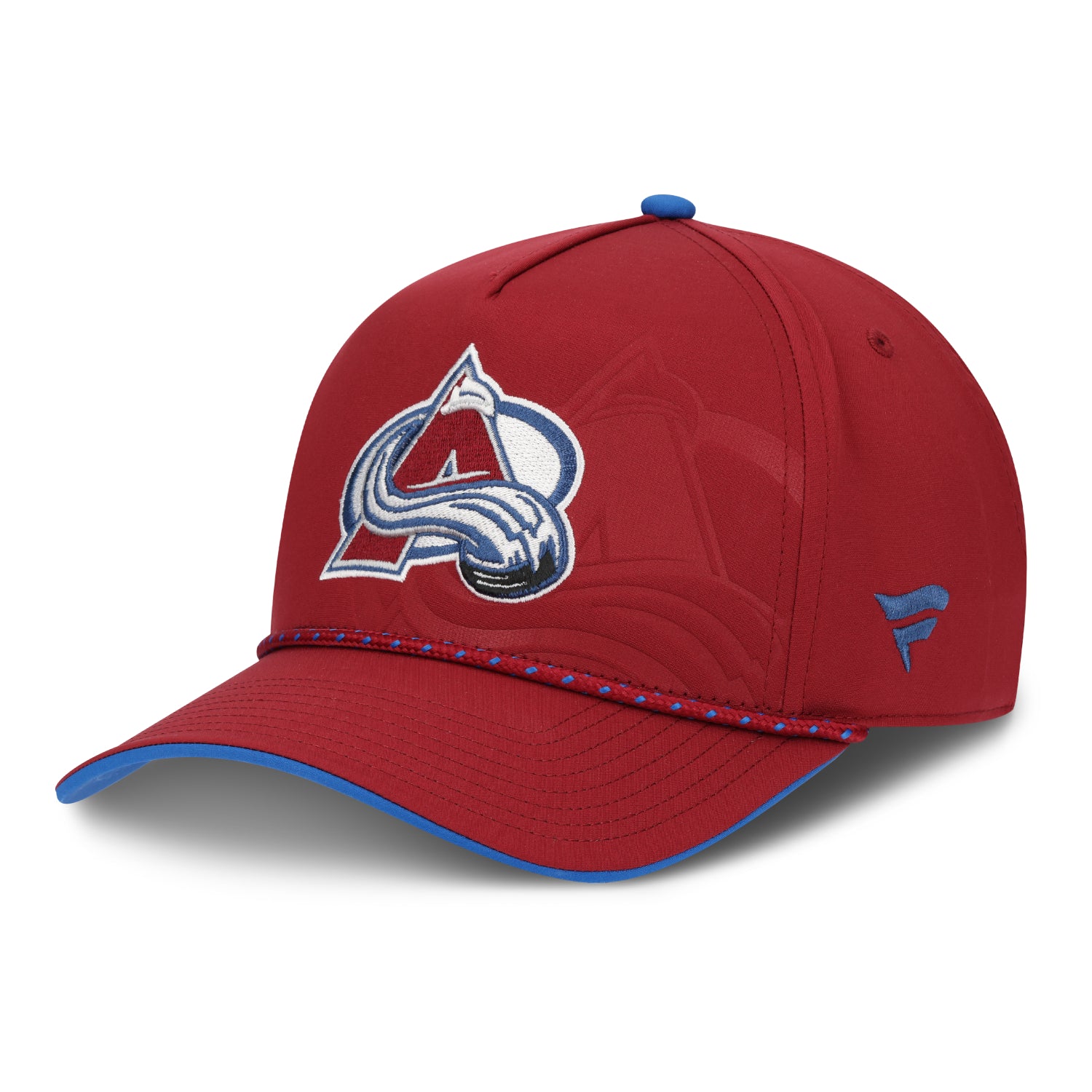 Front Left View, Burgundy Hat with Avalanche Logo in center with a larger Avalanche tonal logo behind main logo, blue Fanatics logo on front left  panel, burgundy rope with blue diamonds.  Bottom bill has blue
