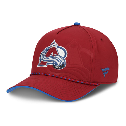 Front Left View, Burgundy Hat with Avalanche Logo in center with a larger Avalanche tonal logo behind main logo, blue Fanatics logo on front left  panel, burgundy rope with blue diamonds.  Bottom bill has blue