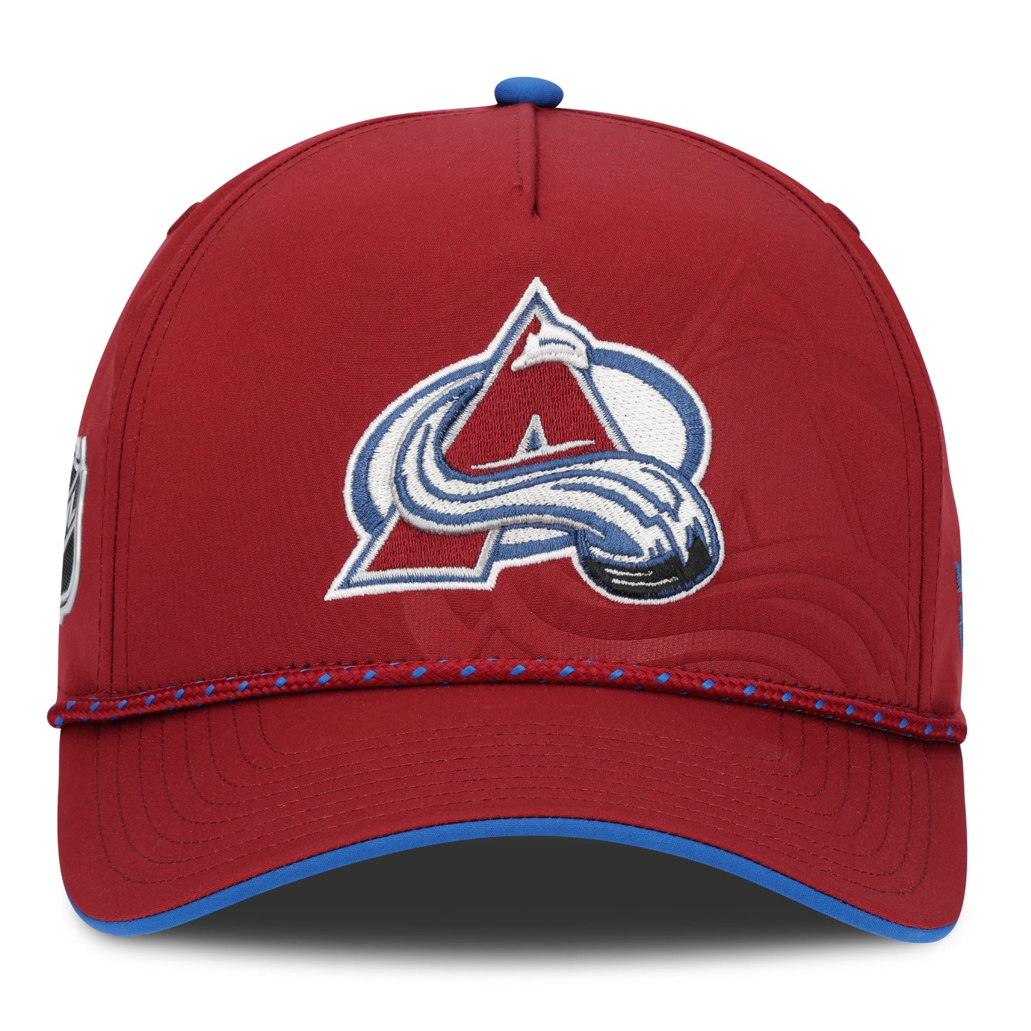 Front view of a  Burgundy Hat with Avalanche Logo in center with a larger Avalanche tonal logo behind main logo, blue Fanatics logo on front left  panel, burgundy rope with blue diamonds.  Bottom bill has blue