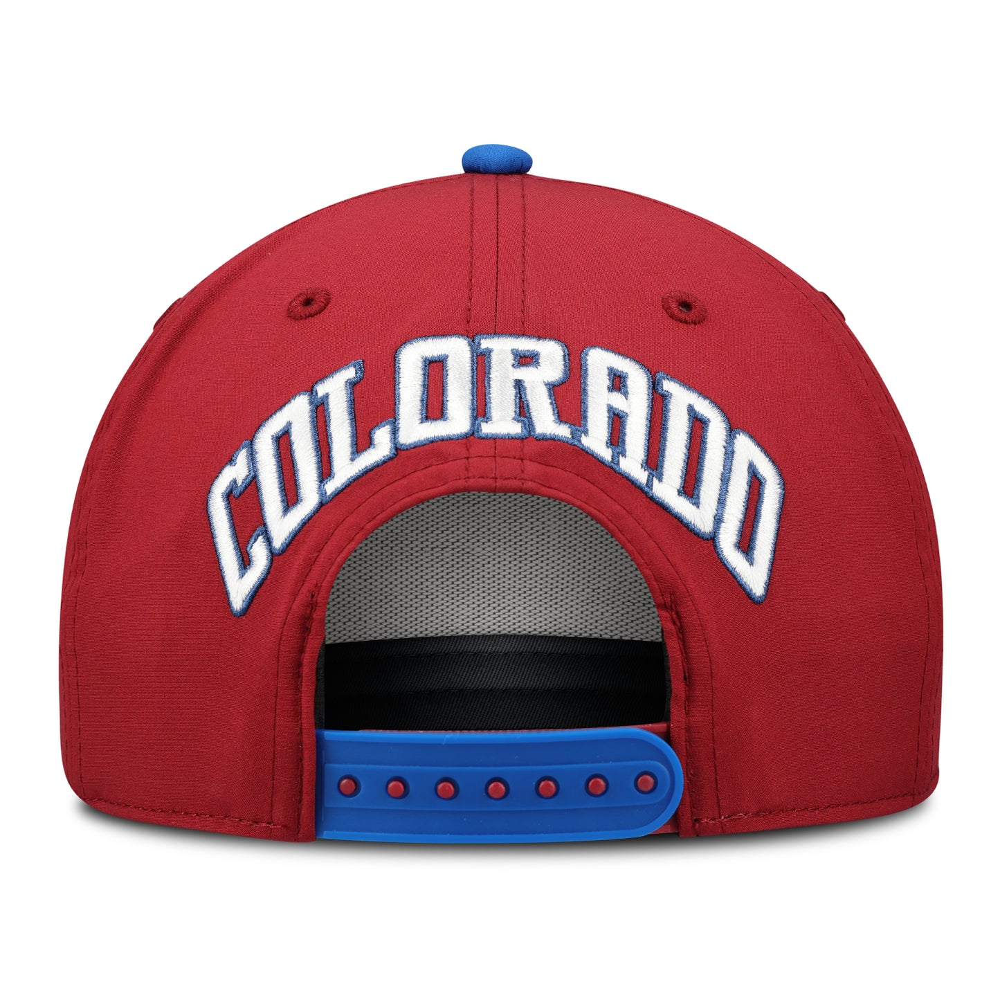 Back view of burgundy hat with COLORADO in white with blue trim above snapback closure, blue snapback