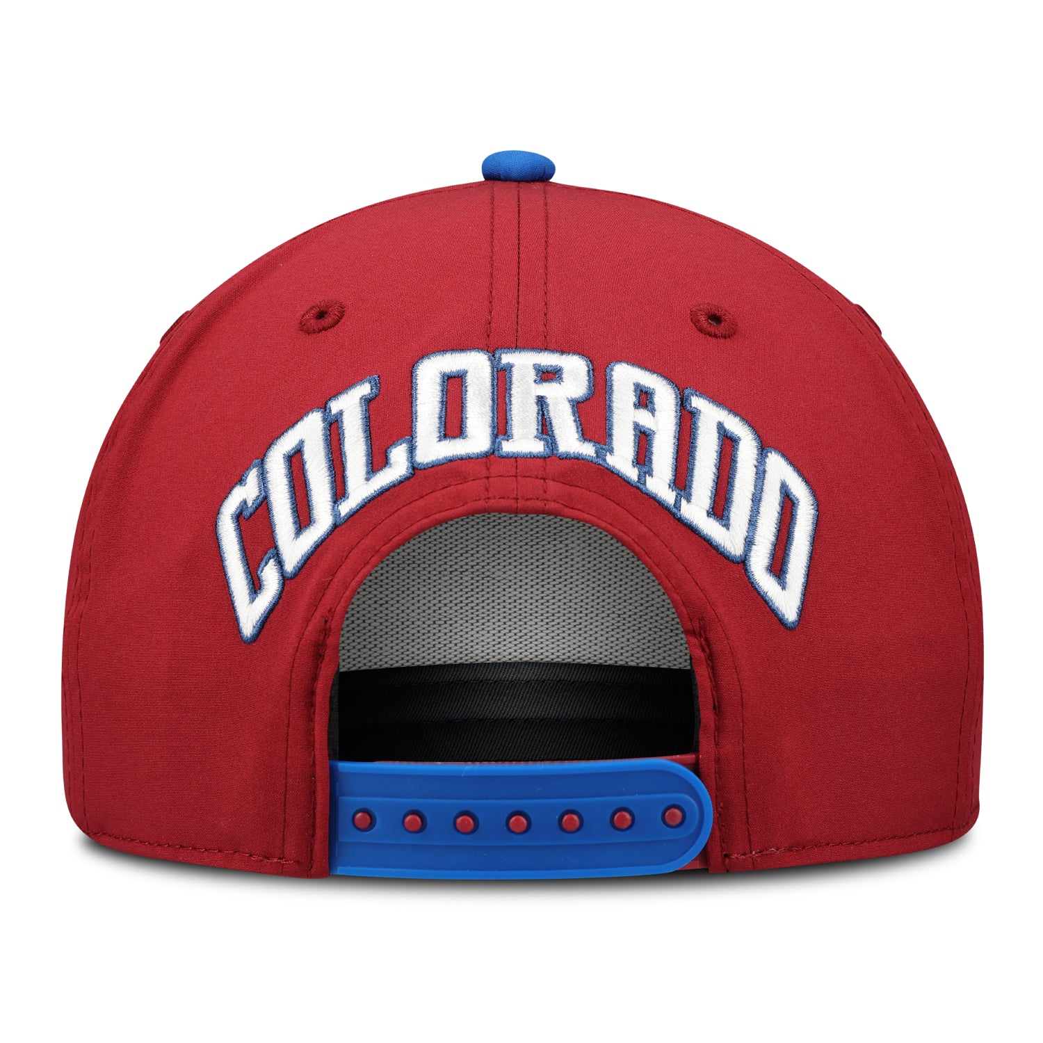Back view of burgundy hat with COLORADO in white with blue trim above snapback closure, blue snapback