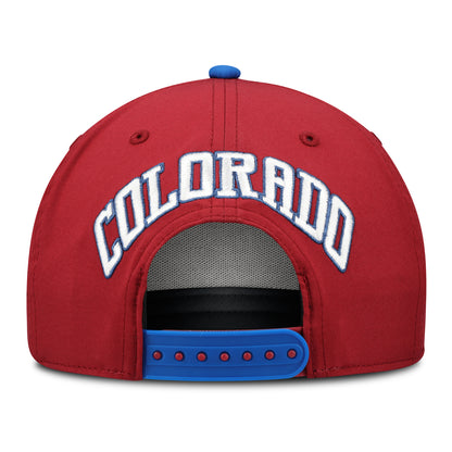 Back view of burgundy hat with COLORADO in white with blue trim above snapback closure, blue snapback