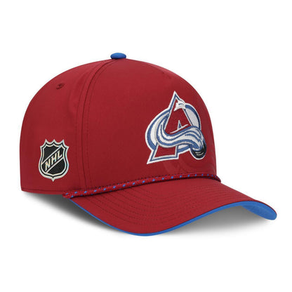 Front Right View, Burgundy Hat with Avalanche Logo in center, NHL Shield logo on front right panel, burgundy rope with blue diamonds.  Bottom bill has blue