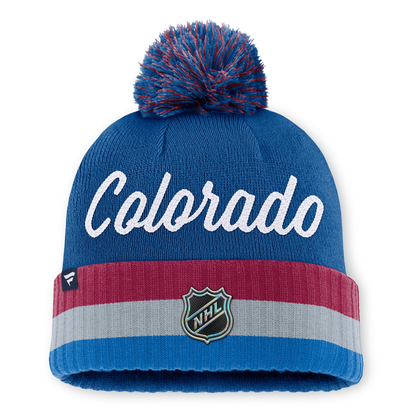 Blue beanie with 'Colorado' text in white and NHL logo.  Cuff is Burgundy, Grey and Blue on a white background