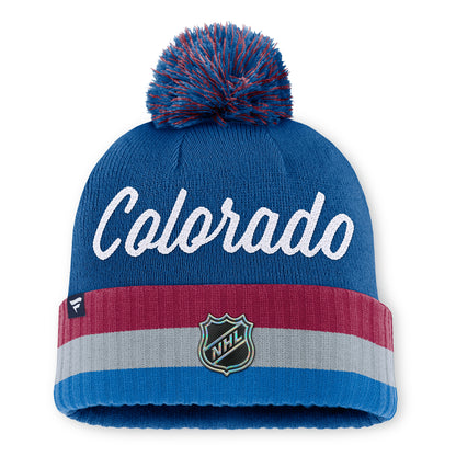 Blue beanie with 'Colorado' text in white and NHL logo.  Cuff is Burgundy, Grey and Blue on a white background